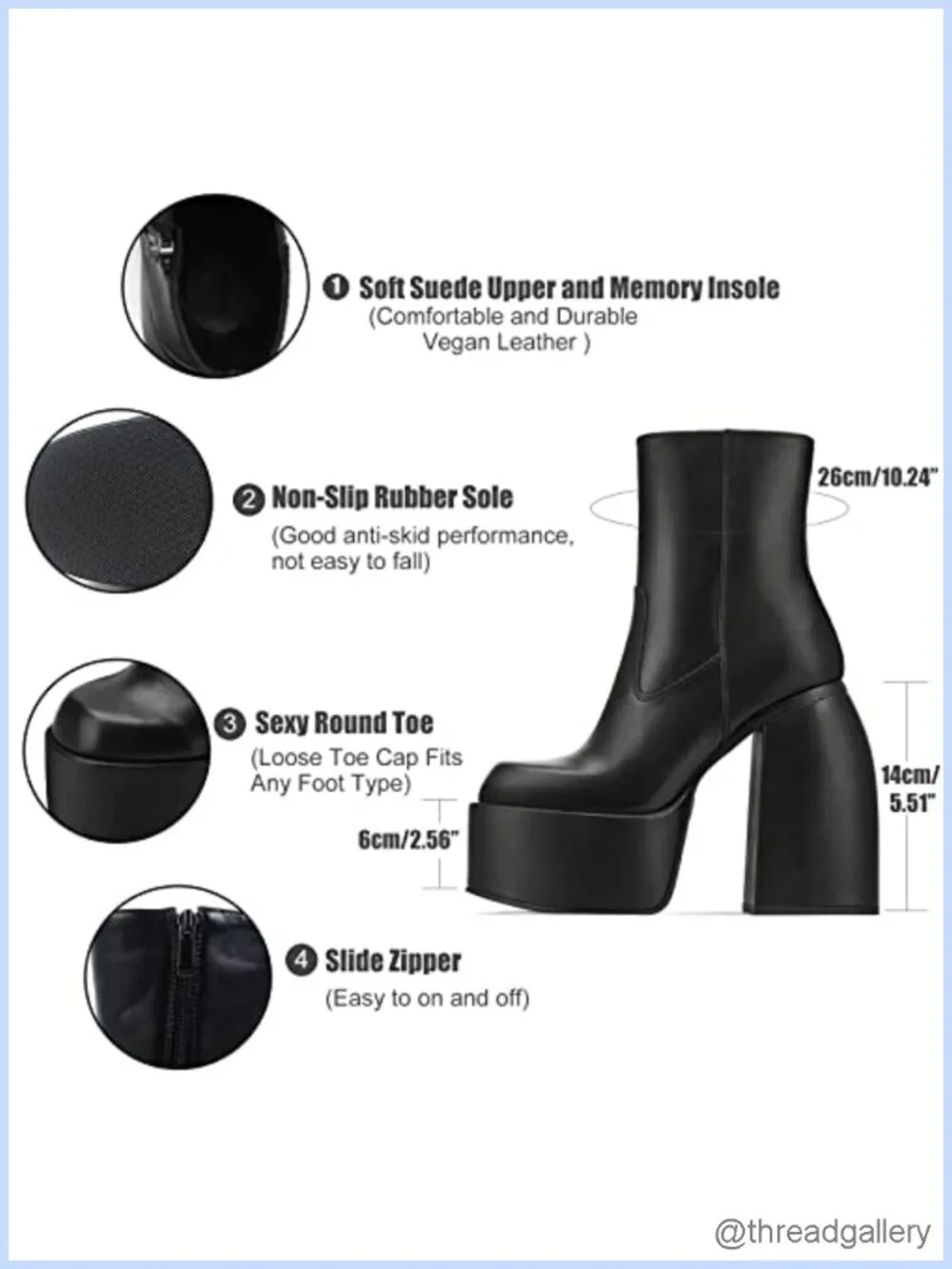 PU Leather Chunky High Heel Square Toe Side Zipper Platform Ankle Boots